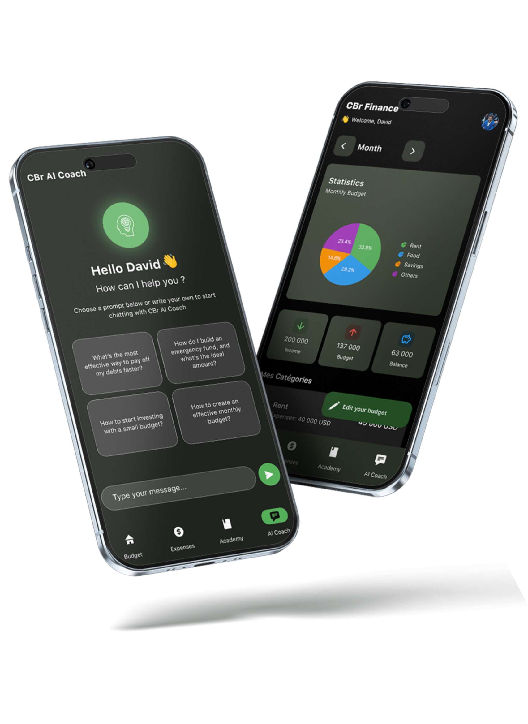 CBr Finance mobile app showing the AI coach chat and monthly budget statistics