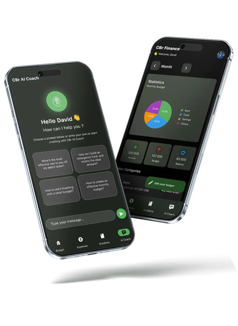 Two smartphones displaying the CBr Finance app interface, showing the AI Coach chat screen and the statistics/budget dashboard.